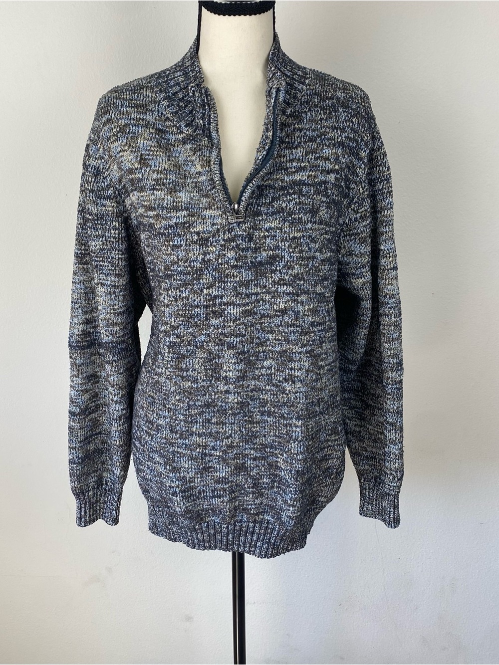 Womens Half-Zip Marled Knit Sweater in Blue/Gray